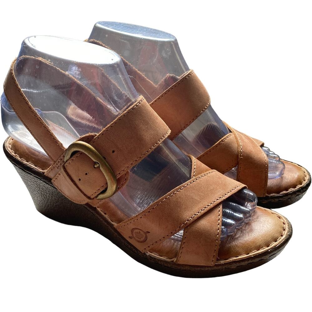 Born Tan Leather Wedge Sandals with Buckle